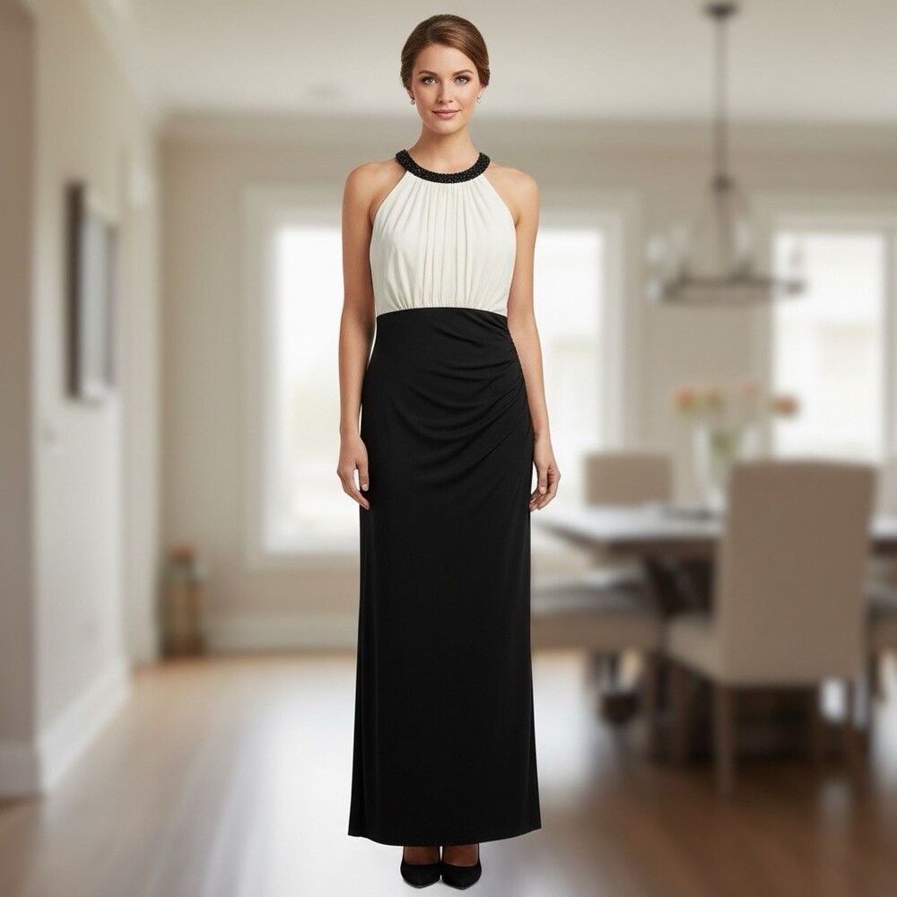 Lauren Ralph Lauren Beaded Halter Gown Black White w  Ruched  Side Size 18